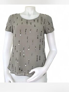 Vintage Theory Baji grey gray sheer silk short sleeve blouse metal disc sequins